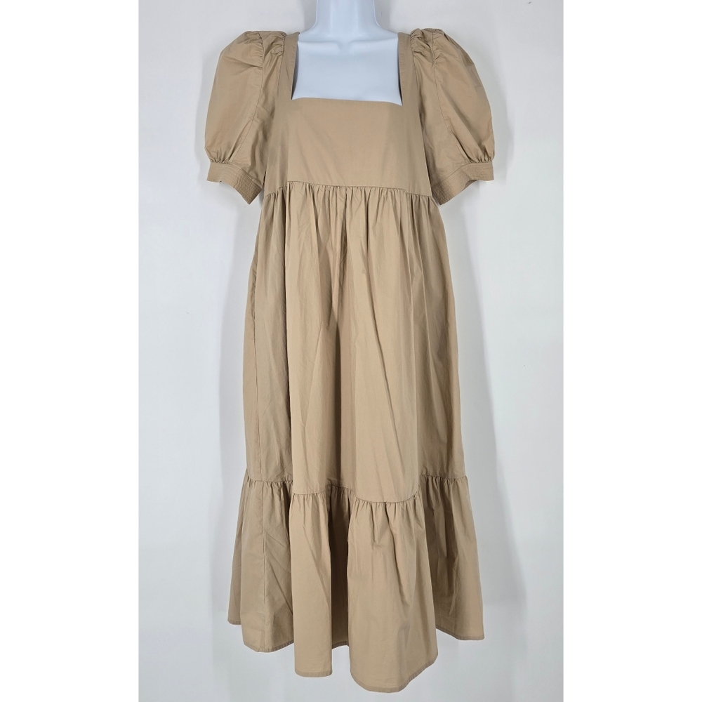 En Saison Beige Cotton Tiered Maxi Dress Puff Sleeve Size S